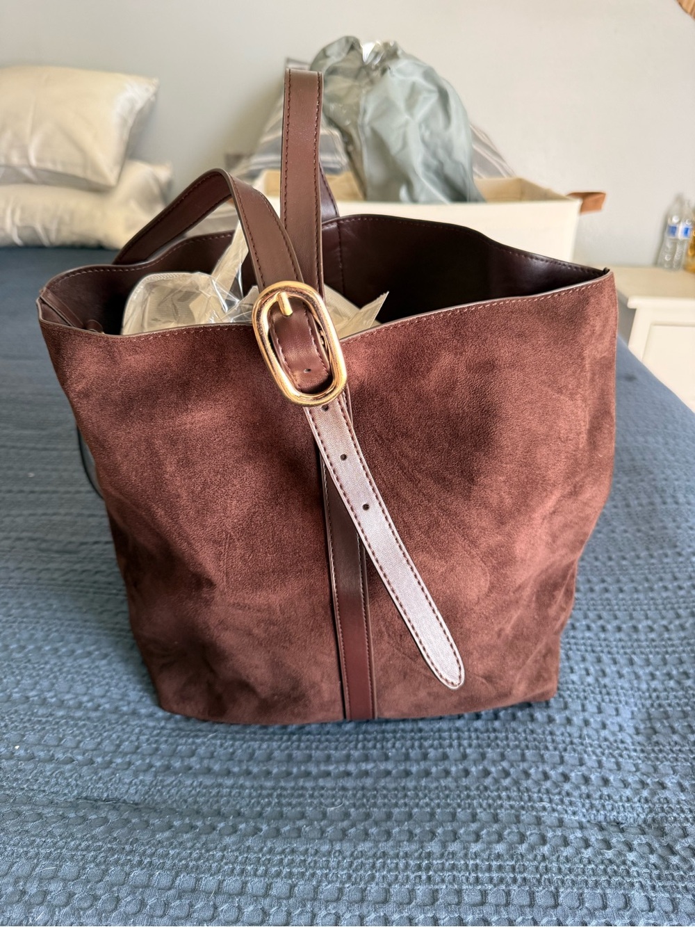 Old Navy Brown Suede Tote with Leather Strap and Gold Buckle